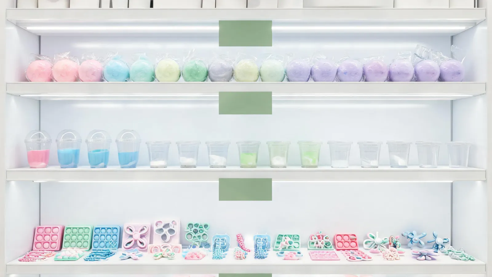 Clean retail display of Nee Doh sensory toys